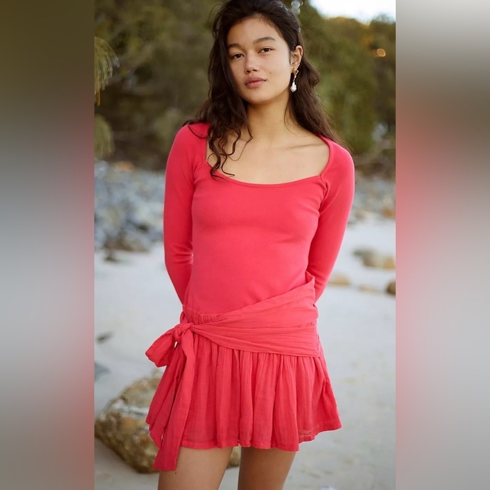 Free People Red Lexi Drop Waist Mini Dress Long Sleeve